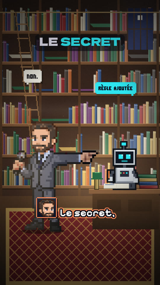 Une bibliothèque, le présentateur montre le robot